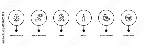 general outline icon set featuring analog stopwatch, heart between hands, interlocking rings, go green badge icons.