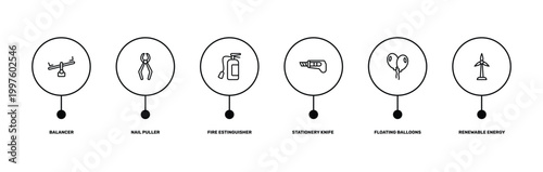 general outline icon set featuring balancer, nail puller, floating balloons, renewable energy label icons.