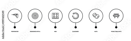 general outline icon set featuring perforator, insurance with a button, nuts, picnic table with basket icons.