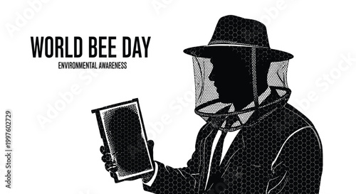 Silhouette of a professional beekeeper wearing a protective hat and veil while inspecting a honeycomb frame