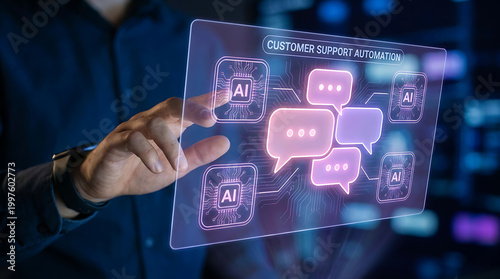 Businessman interacting with a futuristic customer support automation interface with ai chatbots on a transparent screen