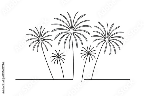 Fireworks Line Art. Sky show. Minimalistic one-line drawing multiple fireworks exploding over horizon,