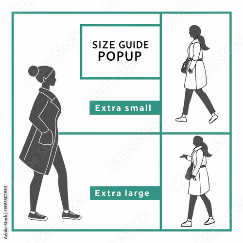 Fashion size guide popup with woman in different poses