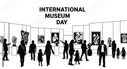 Many people walking through an art gallery gallery viewing paintings and sculptures on international museum day
