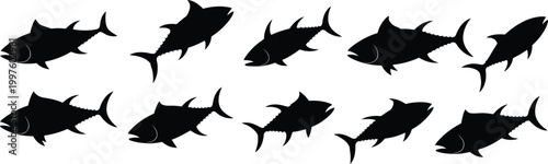 Collection of black tuna silhouettes in various poses on a white background, fish