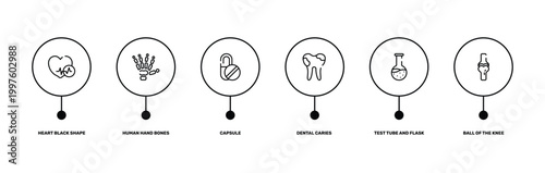 body parts outline icon set featuring heart black shape, human hand bones, test tube and flask, ball of the knee icons.