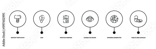 body parts outline icon set featuring dentist tooth with metallic root, ear, spheres connected by lines, tablet and capsule medications icons.