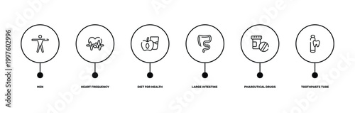 dentist outline icon set featuring men, heart frequency, phareutical drugs, toothpaste tube icons.