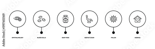 therapy outline icon set featuring ophthalmology, blood cells, pollen, hospice icons.