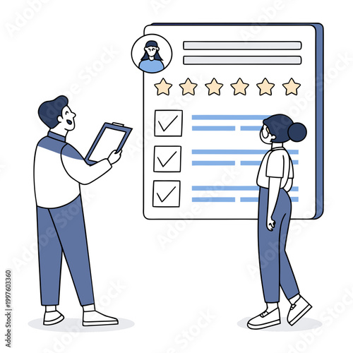 Man and woman discussing rating and checklist