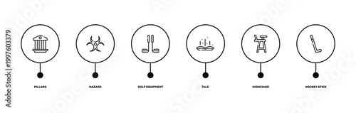 sports outline icon set featuring pillars, hazard, highchair, hockey stick icons.