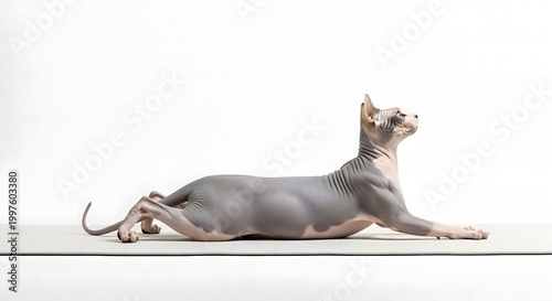 Sphynx cat doing cobra yoga pose stretch on white background. Animal fitness and pet wellness concept.
