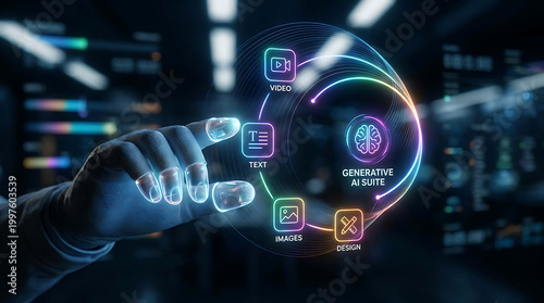 A futuristic hand interacting with a holographic interface of a generative ai suite with icons for video, text, images, and design in a dark background with neon lights