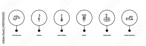 tools and hinery outline icon set featuring electric saw, kirpan, tubes hook, plane controls icons.
