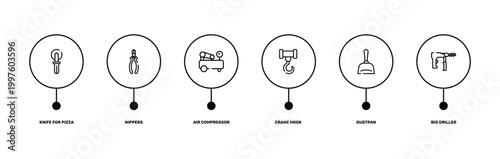 tools and hinery outline icon set featuring knife for pizza, nippers, dustpan, big driller icons.