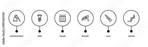 plumber outline icon set featuring dustpan and brush, screw, caulk, junction icons.