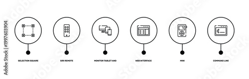 programming line craft outline icon set featuring selection square, siri remote, mini, command line icons.