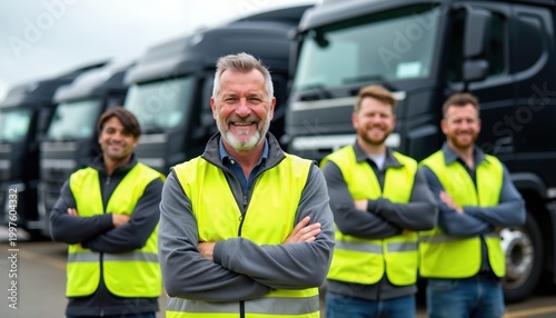 Diverse group of smiling transport workers in bright vests stand confidently near large trucks. Men in uniform represent logistics, delivery industry team. Professionals pose for photo showing