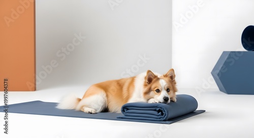 Fluffy dog relaxing with its chin on a folded blue mat in a minimalist studio with geometric shapes.
