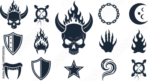 Devil Skull Horror Icons Set with Fire Symbols