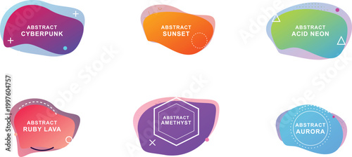 Collection of abstract fluid shapes with gradient colors and text labels modern design elements for branding and marketing isolated on white