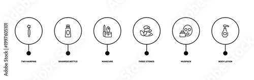 pretty outline icon set featuring two hairpins, shampoo bottle, mudpack, body lotion icons.