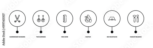 pretty outline icon set featuring hairdresser scissors, two earrings, big moustache, makeup brushes icons.