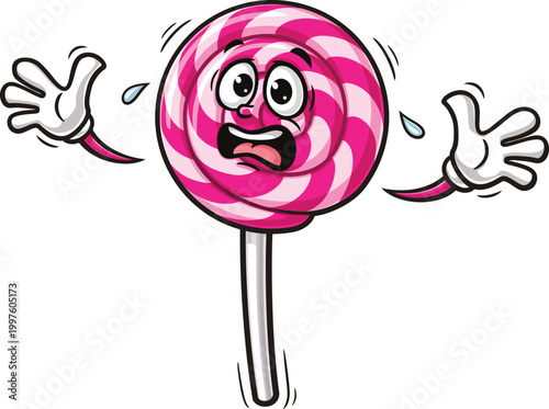 Cartoon mascot of lollipop candy is panicking and scared