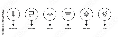 spa icons outline icon set featuring circular comb, tissue paper, salon chair, ice tea icons.