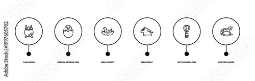 horses outline icon set featuring cauldron, bird in broken egg, hot air balloon, rocker horse icons.