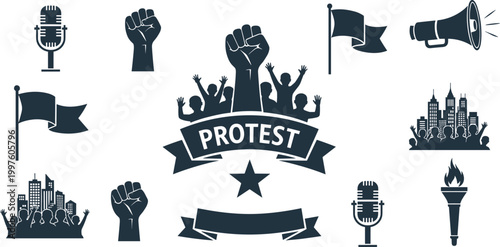 Protest Activism Icons Set with Crowd Freedom Symbols