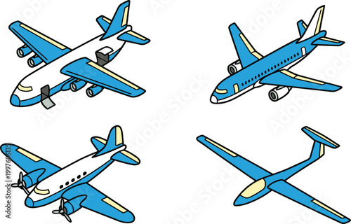 Airplane Collection Vector Illustration Featuring Different Aircraft Types Including Passenger Jet Cargo Plane and Propeller Airplane for Aviation Transport Design