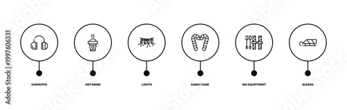 winter outline icon set featuring earmuffs, hot drink, ski equiptment, sledge icons.
