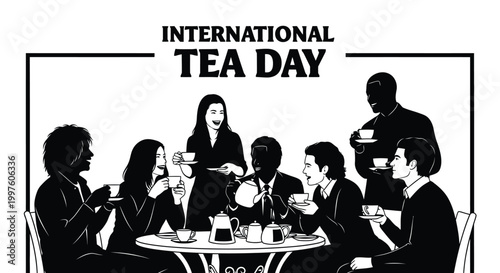 Illustration depicting a diverse group of happy people celebrating International Tea Day by drinking tea