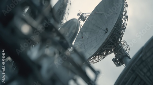 Large communication satellite dish reaching for sky