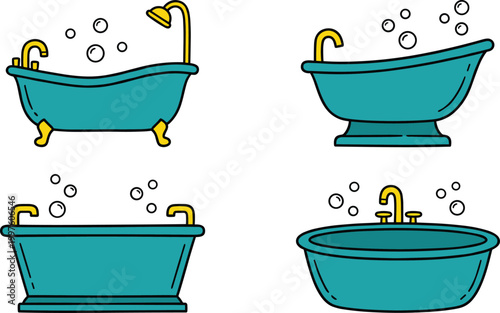 Bathtub Collection Vector Illustration Featuring Different Bathroom Tub Styles with Faucets Bubbles and Shower Elements for Interior Hygiene and Cleaning Design