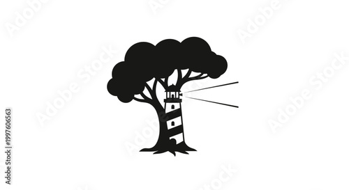 Tree silhouette with abstract design element.