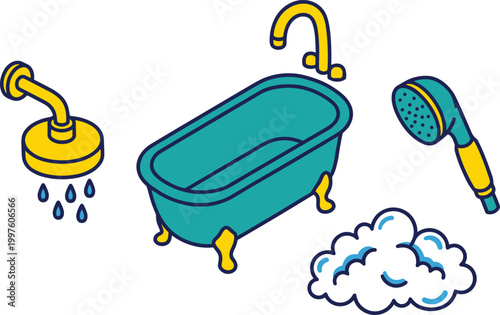 Bathroom Shower and Bathtub Vector Illustration Set Featuring Faucet Showerhead Water Drops and Foam for Hygiene Cleaning Interior Plumbing Design