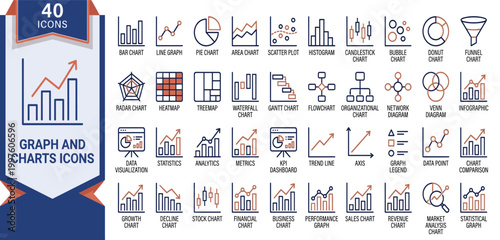 The infographic displays various business graph and charts icons on a blue background