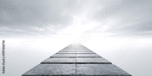 Stone path leading into bright light, stretching across endless white clouds Concept of future, success, hope, and spiritual journey toward a new beginning, growth, and infinite possibilities ahead