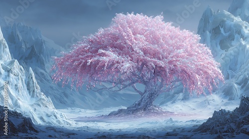 Pink cherry blossom tree in snowy mountain landscape with icy rocks and frosty atmosphere during winter season