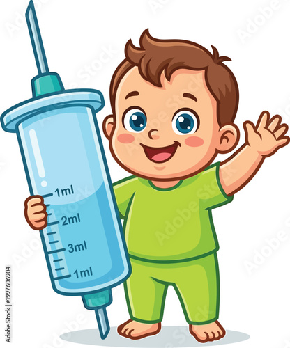 A Cheerful Healthcare: A cartoon illustration of a smiling baby, holding a syringe, symbolizes the innocence of healthcare and the hope for a healthy future.