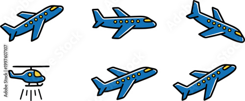 Cartoon Air Transport Vector Set Featuring Airplanes and Helicopter in Different Angles for Aviation Travel Kids Illustration and Transportation Design