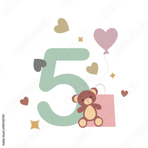Cute Teddy Bear with Number 5, Balloons, Stars and Gift Bag for Baby’s 5 Month Birthday Celebration. Vector Illustration. perfect for commemorating a 5-month birthday or a 5th-year celebration