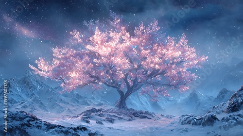 Majestic pink cherry blossom tree in snowy mountain landscape under starry night sky with aurora borealis, serene peaceful natural scenery