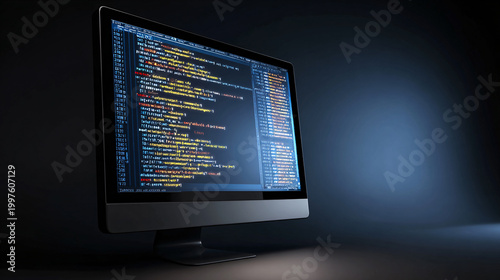 Computer monitor displaying programming code lines on screen in dark office Software development process, coding, web engineering, and digital technology concept for modern IT business and cyber secur