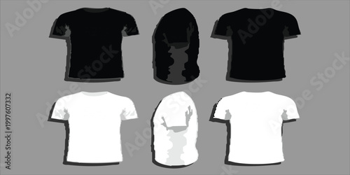 Set of black and white t-shirts on a gray background