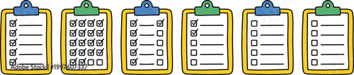 Checklist Clipboard Icon Set Vector Illustration Featuring Multiple Task Lists with Checkmarks Boxes and Notes for Planning Organization Productivity and Office Workflow Design