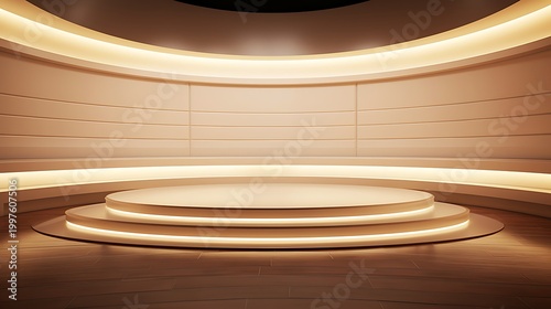 Modern empty room with illuminated circular platform and sleek interior design