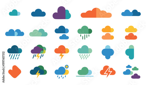 Weather icons collection featuring clouds rain snow lightning blue sky partly cloudy bad weather good weather